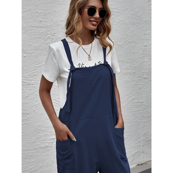 Suspender Style Overalls Wide Leg Jumpsuit with pockets boho olive green - Picture 11 of 11